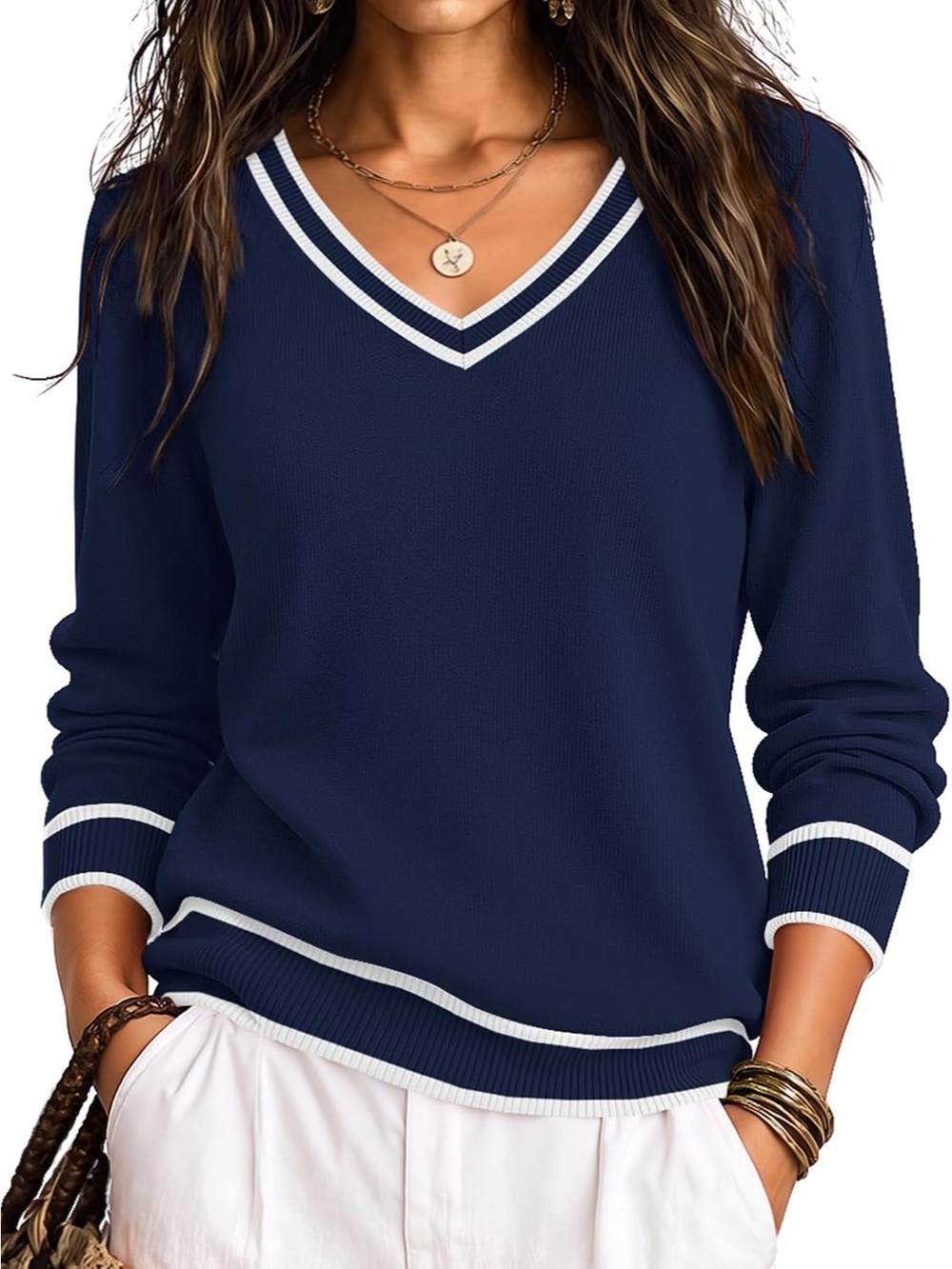 🆕 Women's Navy Blue V Neck Long Sleeve Ribbed Knit Casual Pullover Sweater